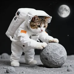 cat astronaut plays with a moon rock