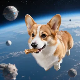 corgi eating treats while flying in space