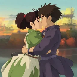 Prince Zuko and Katara kissing at sunset in the style of Studio Ghibli