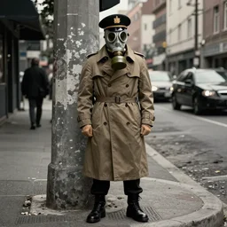 a trenchcoat soldier wearing a gasmask and officer hat, standing on street corner, gritty, noir