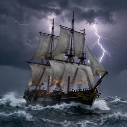 pirate sloop, heavy winds, huge waves, storm, lightning, harsh lighting, by george philip reinagle