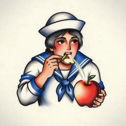 an old school tattoo of a sailor eating a honeycrisp apple, blues and whites, sketching