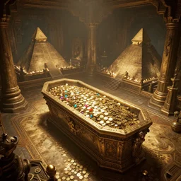 screenshot of adventure videogame ps 5 in an ancient undiscovered vault room with a sarcophagus! full of coin! ingots! and gems! and precious, concept art, architecture design, pyramids style, rtx, nvidia, renderer, stunning graphics