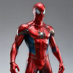 spider man all metal suit, red chrome, shiny, reflective, metallic, 3 d render, realistic, hdr, stan winston studios, dramatic lighting, mirror finish