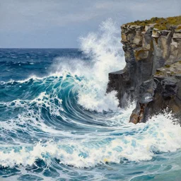 casein artwork of waves crushing into a cliff
