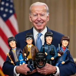President Biden holding multiple models of the Beatles, smiling, Beatles toys, Sigma lens