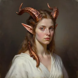 A head-on head and shoulders detailed oil portrait of an elf woman with small horns of copper and copper dragon scales covering her arm and neck wearing a simple white robe, by greg rutkowski, trending on artstation, dungeon and dragons art