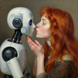 red haired girl with long hair and green eyes giving a thank you kiss to the robot painter, 4 k hd sharp oil painting with intricate fine details art by elisabeth vigee le brun