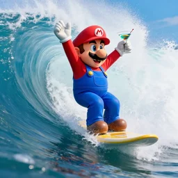 action shot from a live action movie still of mario rides inside a huge breaking wave, trying to balance, and holding a martini in one hand. highly detailed, professional high quality 4 k render tight action shot heart pounding dramatic lighting