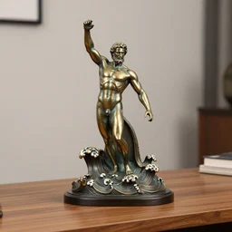bronze metallic statue of Poseidon rising above waves on a wooden desk, studio lighting