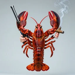 a lobster holding a gun and smoking a cigar