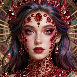 studio portrait of absurdly beautiful, elegant, young colorful woman made of rubies and red gems, ultrafine hyperrealistic detailed face illustration by kim jung gi, irakli nadar, intricate linework, sharp focus, bright colors, matte, octopath traveler, final fantasy, unreal engine highly rendered, global illumination, radiant light, intricate environment
