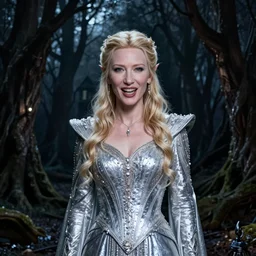 portrait of mischievous, dangerous Cate Blanchett's Galadriel as a queen of elves, dressed in a beautiful silver dress. The background is a dark, creepy eastern europen forrest.  night, horroristic shadows, high contrasts, lumnious, theatrical, character concept art by ruan jia, thomas kinkade, and J.Dickenson, trending on Artstation