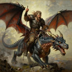 a furious berserker riding a dragon, oil painting by greg rutkowski