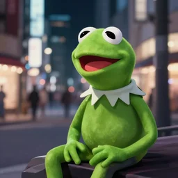 kermit the frog visits akihabara at night, by yoichi kotabe, anime, cinematic color grading, elegant, detailed, octane render, 8 k
