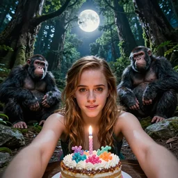 photo, hairy fat cave people, emma!! watson!!, looking at camera, surrounded by apes!, gigantic forest trees, sitting on rocks, bright moon, birthday cake on the ground, front close - up view of her face, selfie, jelly!! sea monster!!
