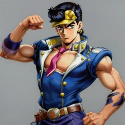 insanely detailed painting of benjamin netanyahu as a jojo character, striking a provocative stylish pose, outlines, vibrant colors, rich colors, elegant background patterns, by hirohiko araki