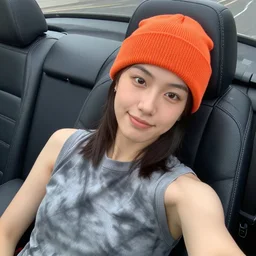 transgirl lounging in the leather seats of a convertible car wearing an orange beanie and a grey tie-dye sleeveless shirt, selfie, faint smile