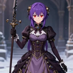 demi rose as a very beautiful anime woman, purple hair, red eyes, weapon, steampunk, symmetrical face, symmetrical eyes, full round face, short smile, fully covered wearing full clothing in full clothing victorian dress, winter setting, cinematic lighting, medium shot, mid - shot, highly detailed, makoto shinkai, artgerm, ilya kuvshinov, loish, rossdraws