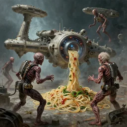 airbrushed space station with necrotized skin machines battling stained algae noodles by kelly freas, geof darrow, alex ross, basil gogol fine art masterpiece baked at 3 0 0 f, matte painting, cold lighting, aged with sunlight, award winning horror, photorealistic render, cinematic
