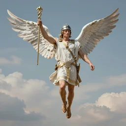 whole body image of Julian Assange  as Mercury the messenger of the Roman gods  flying in the sky above the Olympus , wearing a helmet and sandals with attached wings  and carrying the Caduceus, fantasy, hyperrealistic, highly detailed, depth of field, High definition, 8k,  octane render,trending at  artstation