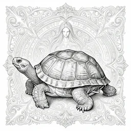a full - body turtle, wisdom, good and evil, scrollwork + rococco + baroque + white ink + magical + symmetrical + detailed intricate + heraldic design + atmosphere + by peter mohrbacher and kentaro miura + high details, in the style of jean delville, artstation, 8 k, tarmo juhola, ivan laliashvili, james gurney, moebius, roger dean, wlop, victo ngai, 4 k, cinematic