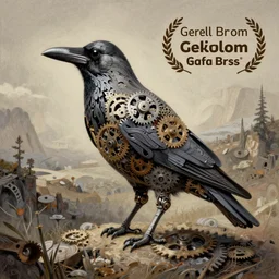 artistic drawing of a surreal crow, made of engrenage by gerald brom and johfra bosschart, visionary, detailed, realistic, surreality