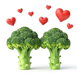 a broccoli - creature couple, red heart shapes in the sky