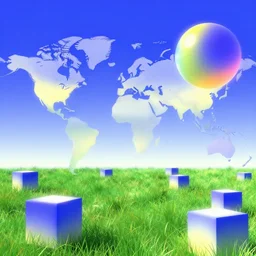 a world with orbs flying over cubes in a meadow with blue sky. slick, futuristic design. colorful soft gradients, translucence. pre - 2 0 0 0 s era. 9 0's computer art, early computer graphics