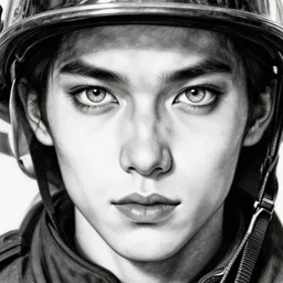 fireman _ jeck, beautiful piercing eyes, realistic face, black and white drawing, in the style of greg rutkowski, fantasy, amazing detail, epic, intricate, elegant, smooth, sharp focus