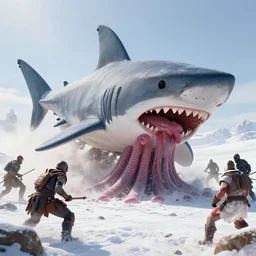 a giant trypophobia shark worm attacks warriors in a snowy desert by the tony sart