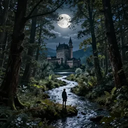 An image of a moonlit forest, with a river running through it, it has a lake in the distance, a castle at its center, and a single, solitary figure standing in the middle of it all who is gazing out at the world, octane render