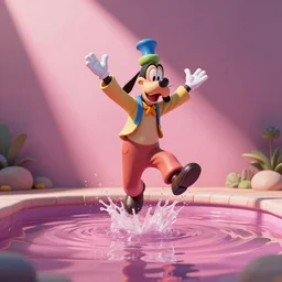 goofy from Disney jumping into a pool of pink water