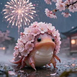 a beautiful tardigrade with flowers around its head!!! floral sakura japanese tardigrade!!! at a fireworks sakura tardigrade!!! festival. rainy, dreamlike art, mist, realistic shaded, fine details, 4 k realistic, cryengine, realistic shaded lighting poster by greg rutkowski, magali villeneuve, artgerm, jeremy lipkin and michael garmash and rob rey