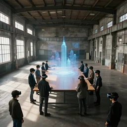 cinematic concept, located in empty industrial warehouse with sunlight streaming through the windows, a large table in the middle of the frame that takes up a lot of space, a group of people standing around the table, on top of the table is a large hologram of a city futuristic city, some people are wearing virtual reality headsets in the foreground