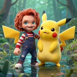 Chucky fused with Pikachu, In a swamp, photo realistic, well detailed