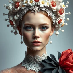 complex 3 d render hyper detailed ultra sharp beautiful futuristic stunning emma watson with pancake face, medium shot portrait, close - up, filigree lace, iris van herpen cyberpunk daisies corals haute couture headdress with rhizomorph finials spires, brackets, fractal embroidered puffballs, octane render, 8 k