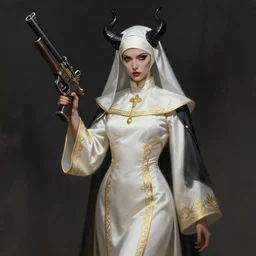female full body demon nun with black horns holding fantasy gun character concept art, highly detailed art digital painting, cinematic, white cleric robe with golden embroidery nun veil cover with horns on top demon nun gunslinger nun nun with gun, dark fantasy game character design concept, dramatic light, art station
