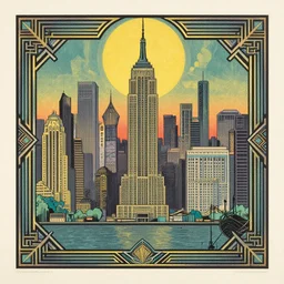 vaporwave art deco lithograph of new york city by adolphe millot