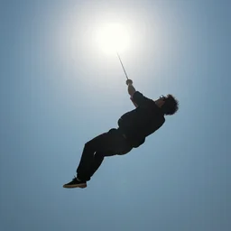a black draging flying through sky, the sun shining from above, upwards perspective