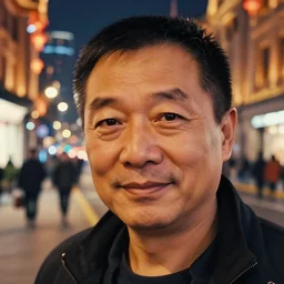 closeup portrait of a middle - aged chinese man, slight smile, street at night, chinese new year in shanghai, art by rebecca guay and greg rutkowski