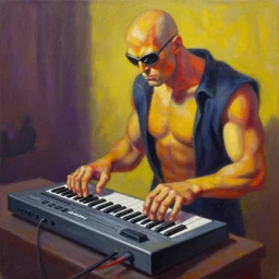 cyclops (from x-men) playing an Akai MPC 2000XL, by Toni Toscani, oil on canvas