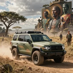 a militarised suv designed by apple driving through african savanna, artgerm and greg rutkowski and alphonse mucha, an epic fantasy, volumetric light, detailed, establishing shot, an epic fantasy, trending on art station, octane render, midsommar