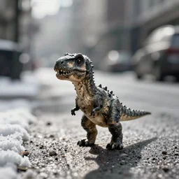 a beautiful photo by saul leiter of a tiny dirty dinosaur standing in the street, tiny gaussian blur, insanely detailed, insanely intricate, insanely beautiful, depth of field, low contrast, snowy, wide aperture