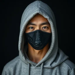 detailed 6 0 0 mm real photography of random asian guy wear grey hoodies and black wolf mask focuses on the nuances of the human face and subtle shifts in tonal value, silhouette composition, neutral, cool - toned palette, fluid patterns, powerful composition, opaque paints, grid method.