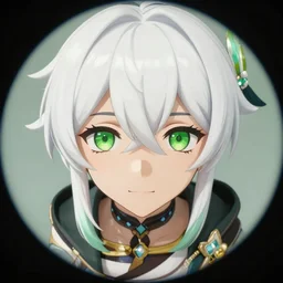 white haired young guy with green eyes, beautiful anime portrait, symmetry, ecchi style, makoto shinkai, genshin impact, high quality, octane engine, very close shot, fisheye