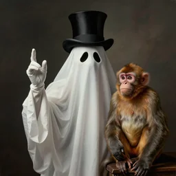 vintage portrait photo of a fancy ghost in a top hat posing with a monkey