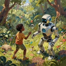 a black kid playing with a futuristic robot in the nature, mixing solarpunk, afropunk ( ( ( ( volumetric light ) ) ) ), high angle, part by pearl fryar, part by prince damah, sunny day, trending on artstation, cinematic view, illustration, painting, realistic, inspired in black panther