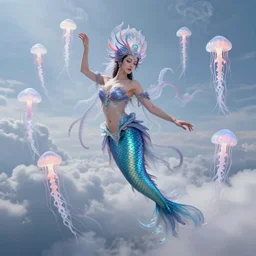 Full body photo of the most beautiful goddess, she has a jellyfish-phoenix head's and a siren body, some tentacles are touching her, she flying to heaven through the clouds, she is swimming and leading some chrysaora hysoscella with smoke behid her, by Tooth Wu, trending on Artstation, digital art, symmetrical artwork, cinematic, hyper realism, high detail, octane render, 4k, 8k