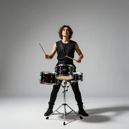 graceful drummer with sticks, studio photography, full body, standing, isolated on a pure white background, centered, whole figure in frame, sharp focus, studio lighting